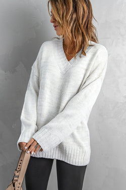 White V-neck Dropped Shoulder Knitted Sweater