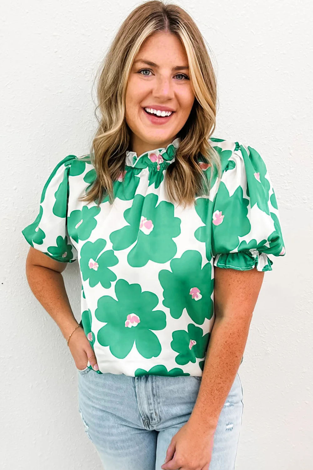 Green Floral Puff Sleeve Frill Neckline Blouse