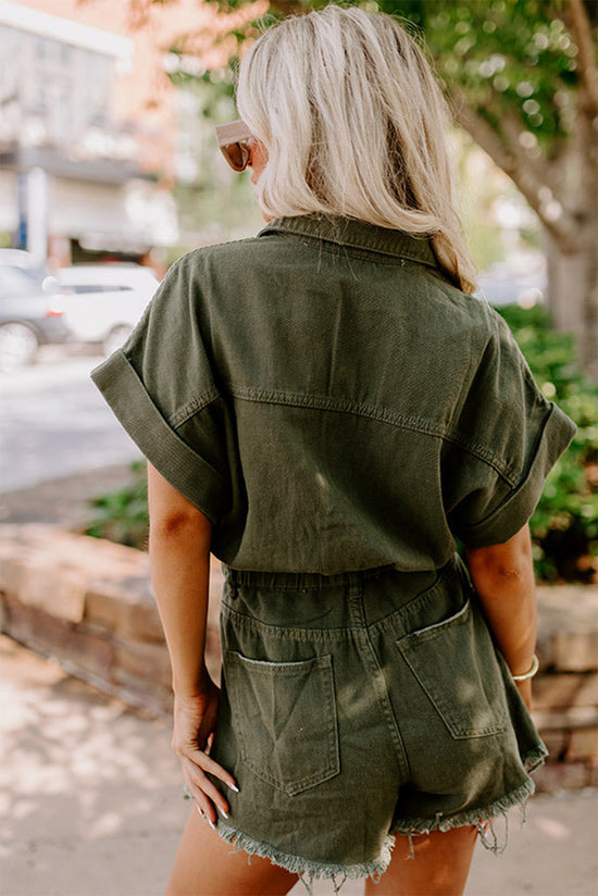 Combi-short en denim effiloché effet vieilli vert mousse