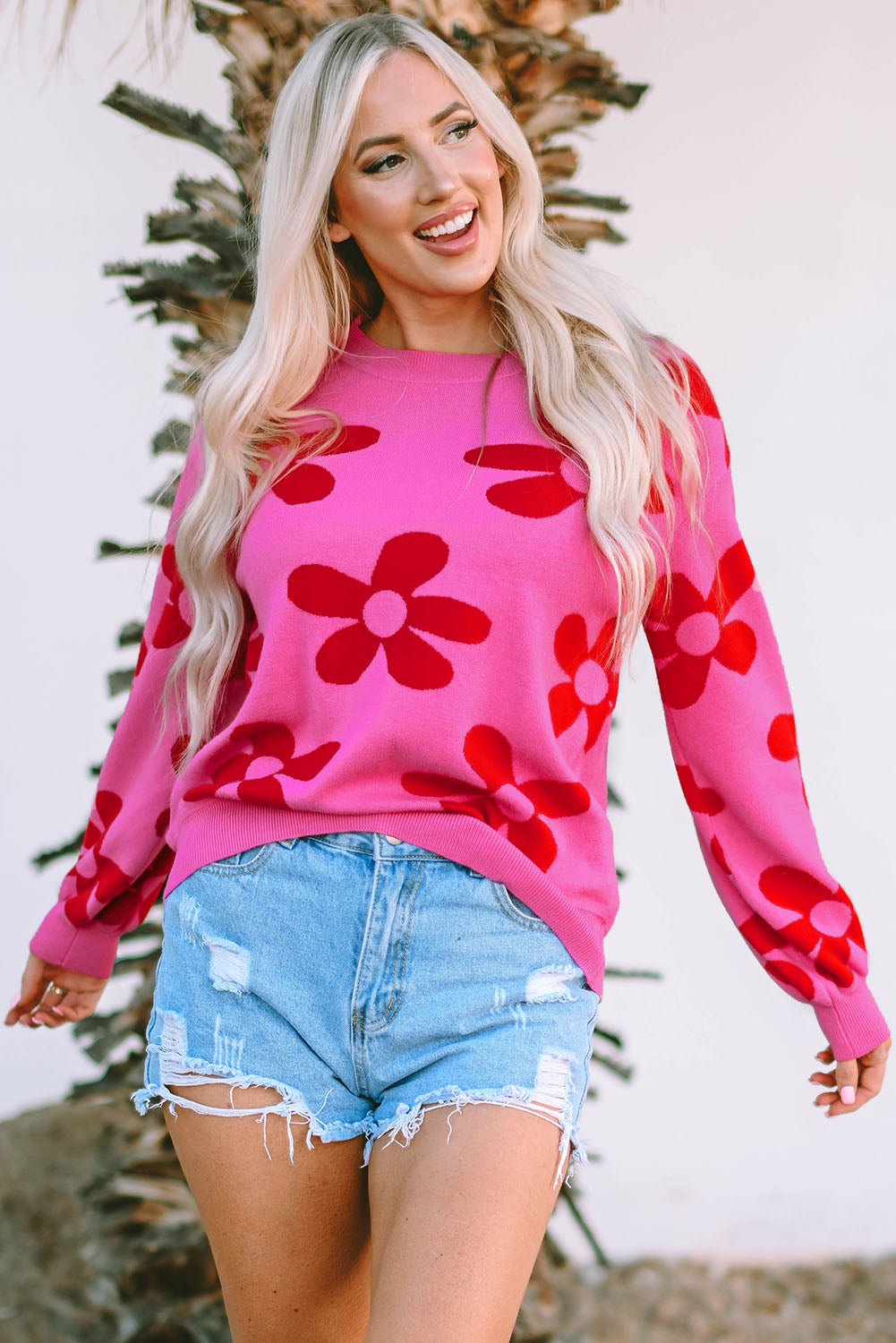 Rose Big Flower Ribbed Knit Sweater