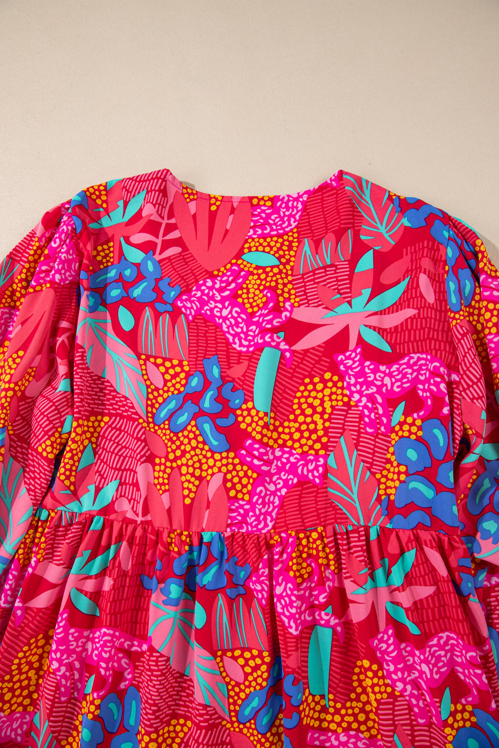 Mini-robe à volants et manches lanternes, imprimé tropical rose, col en V, grande taille