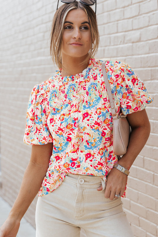 Multicolor Abstract Print Smocked Puff Sleeves Blouse