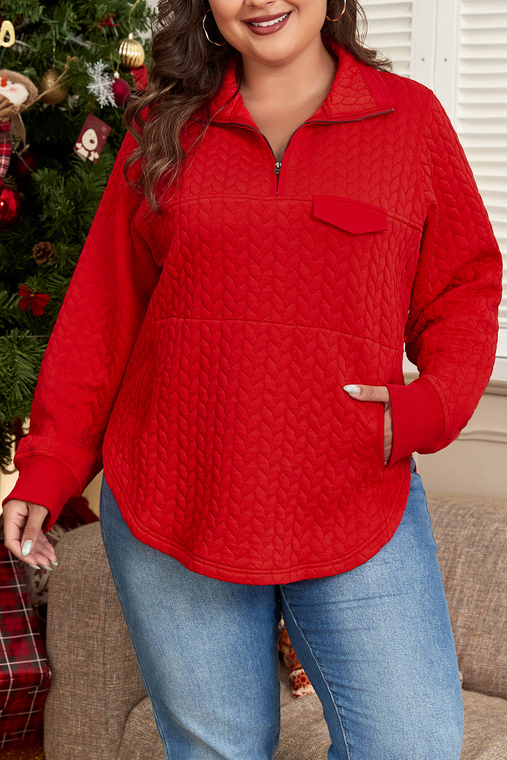 Tomato Red Cable Textured Sweater with Quarter Zip Pocket, Plus Size