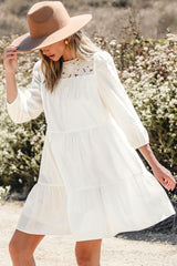 White floral lace ruffled bracelet sleeve mini dress