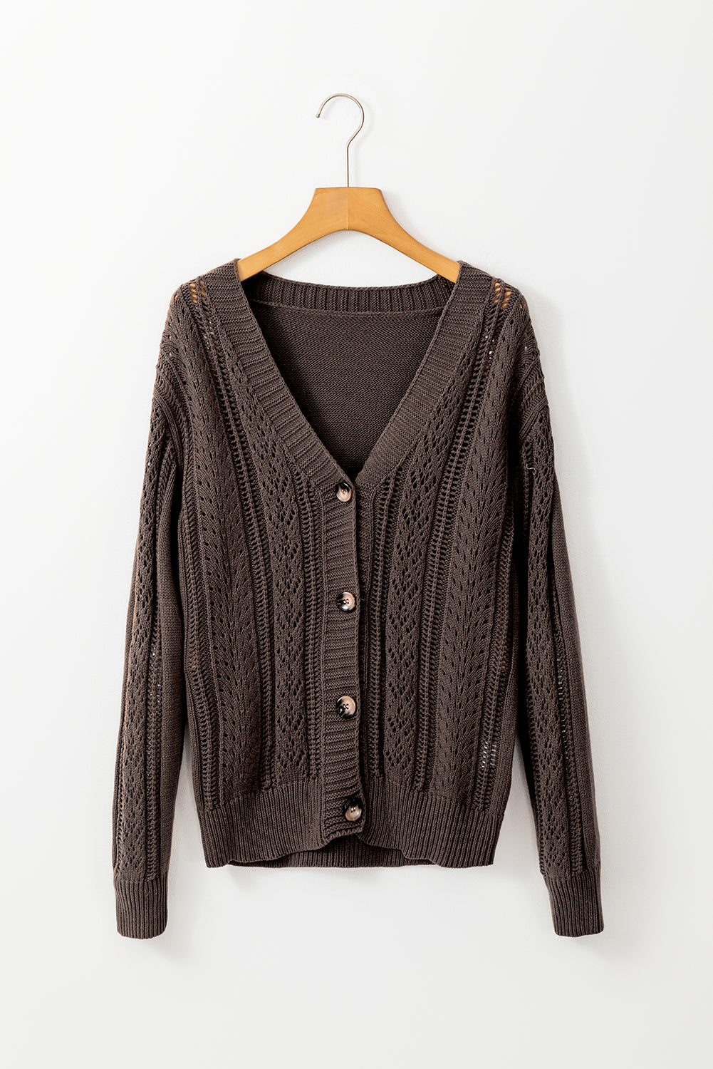 Cardigan pull kaki foncé en tricot ouvert à épaules tombantes