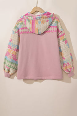 Light Pink Aztec Patch Hooded Zip Up Jacket with Drawstring