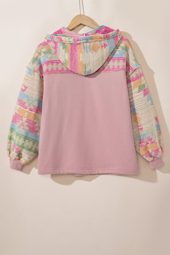 Light Pink Aztec Patch Hooded Zip Up Jacket with Drawstring