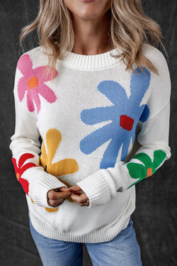 Colored white round -neck sweater with large flowers pattern