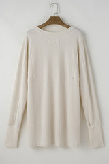 White Waffle Knit Oversized V-Neck Top with Seam Detail