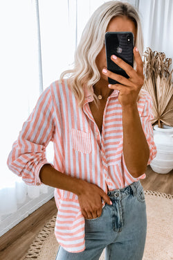 Long -sleeved and pink striped casual shirt