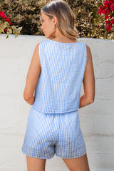 Ensemble débardeur court et short à rayures bleu ciel avec nœud papillon-A WOMAN WE LOVE