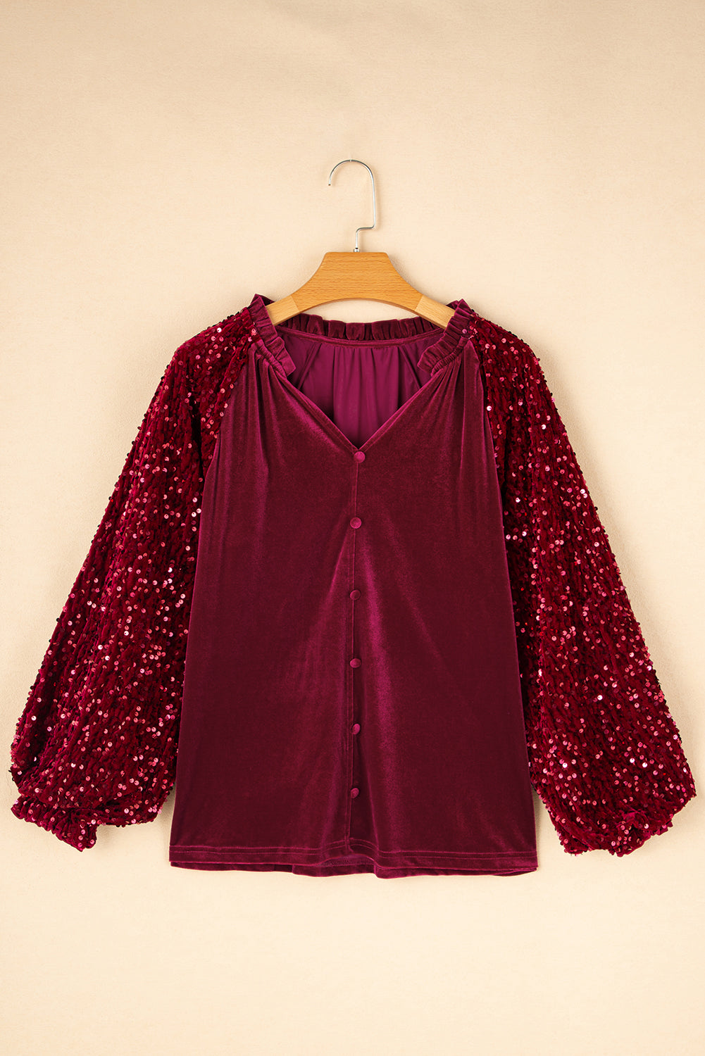 Red Dahlia Sequin Patchwork Sleeve Taste Up Velvet Top