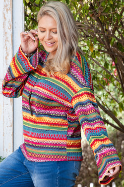 Red long sleeve top with ethnic striped print, plus size