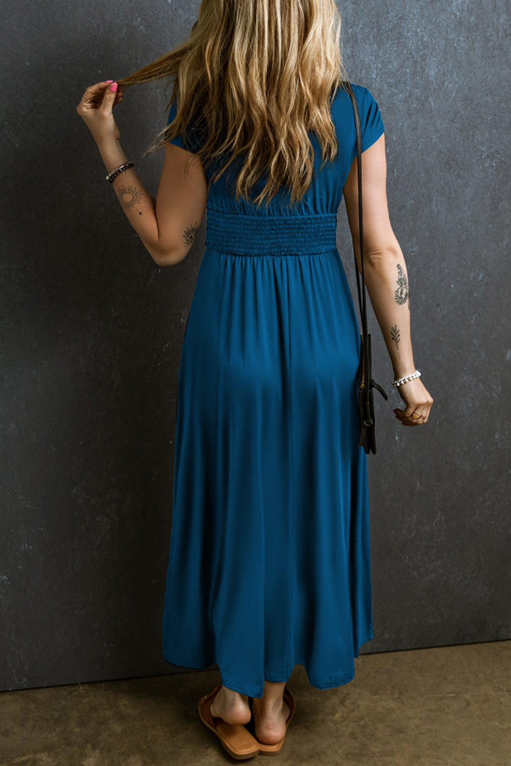 Peacock Blue Brourt manche chère haute taille V Couce maxi robe