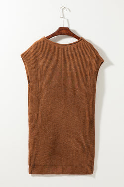 Short -sleeved camel dressing dress and plain -colored V -neck collar