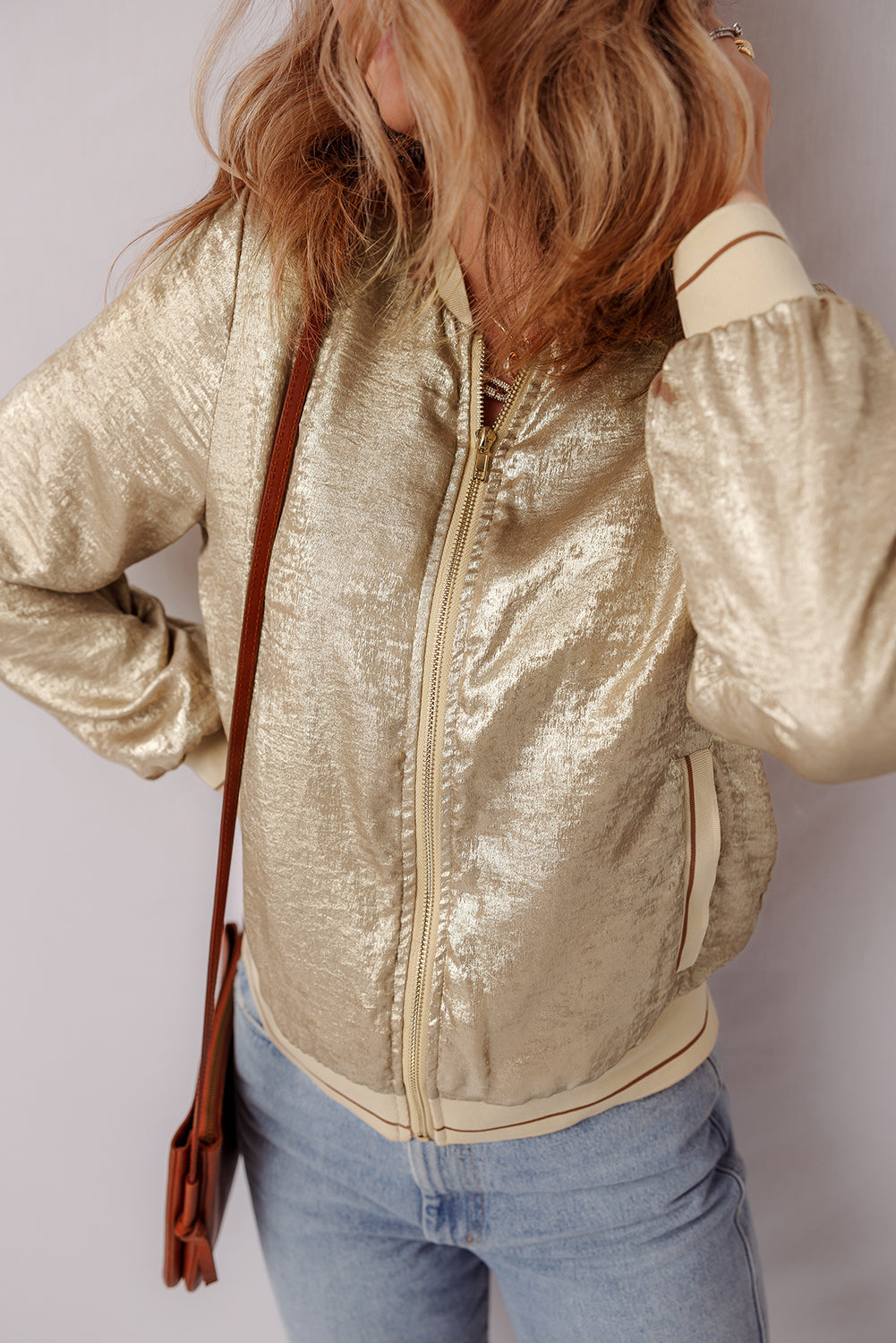 Metallic Pale Khaki Zip-Up Baseball Jacket