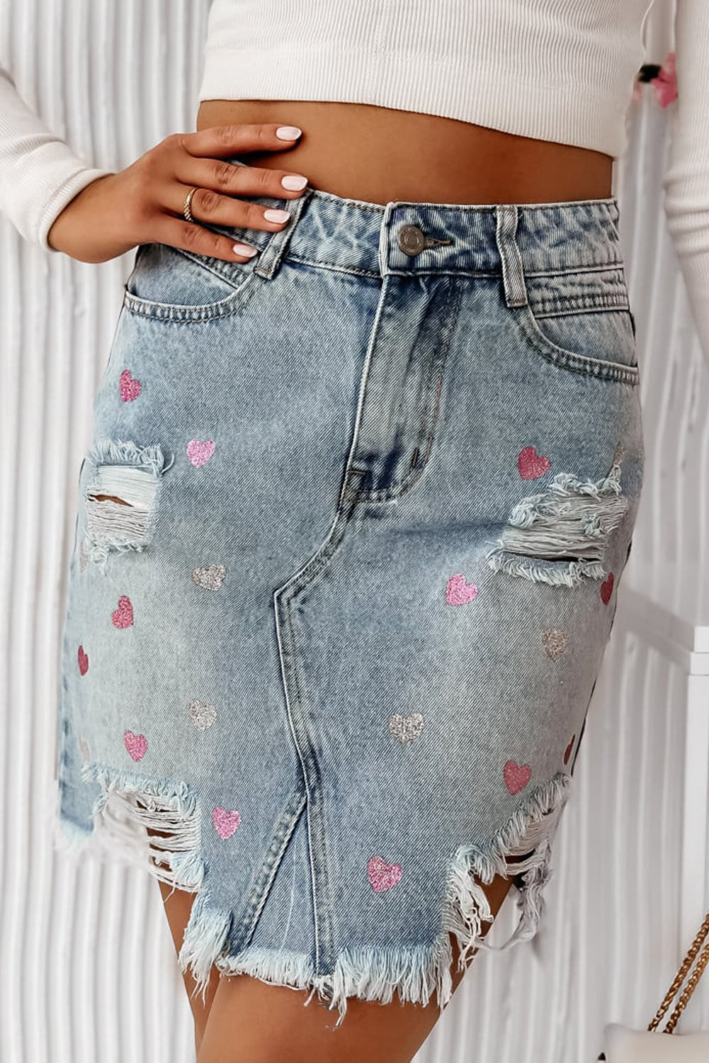 Beau Blue Shimmer Heart Motif Minim Mini jupe de jean en détresse