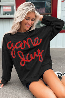 Tinsel Game Day Black Drop Shoulder Graphic Sweatshirt