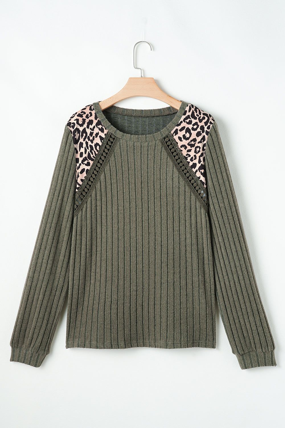 Moss Green Leopard Stampare Crochet Patchwork Rimore Top