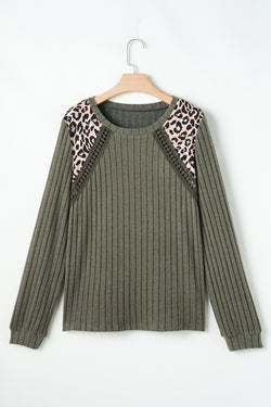 Moss Green Patchwork Leopard Print Ribbed Textured Knit Top