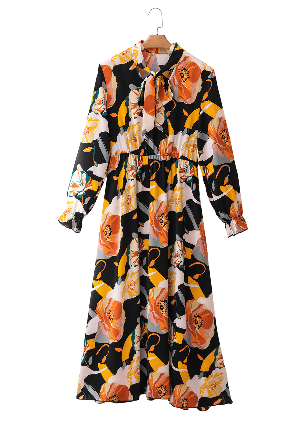 Robe à manches longues à cravate à imprimé floral orange