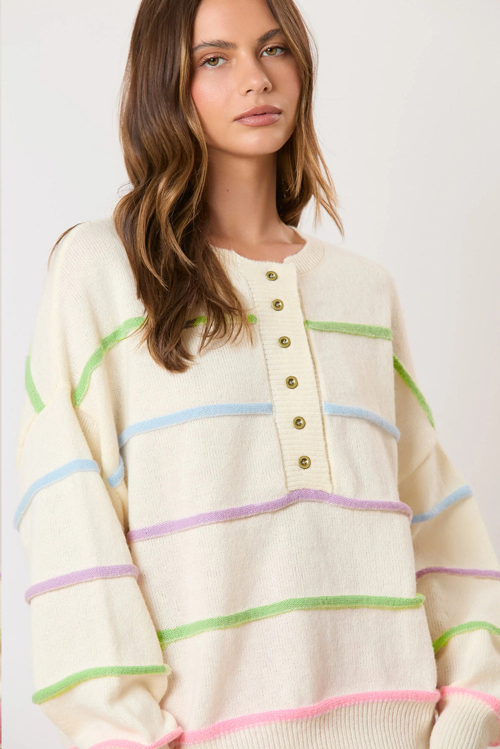 White Rainbow Striped Drop Shoulder Baggy Henley Sweater