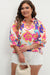 Floral Print Blouse with Split Neck Short Puff Sleeves in Pink Red