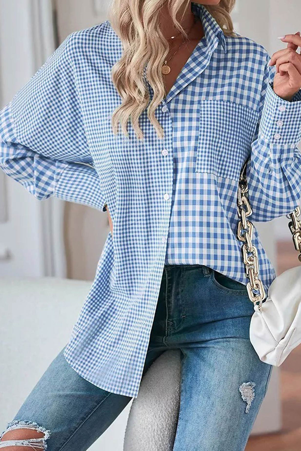 Sky Blue Streifen Plaid Patchwork -Knopf auf Langarm Shirt