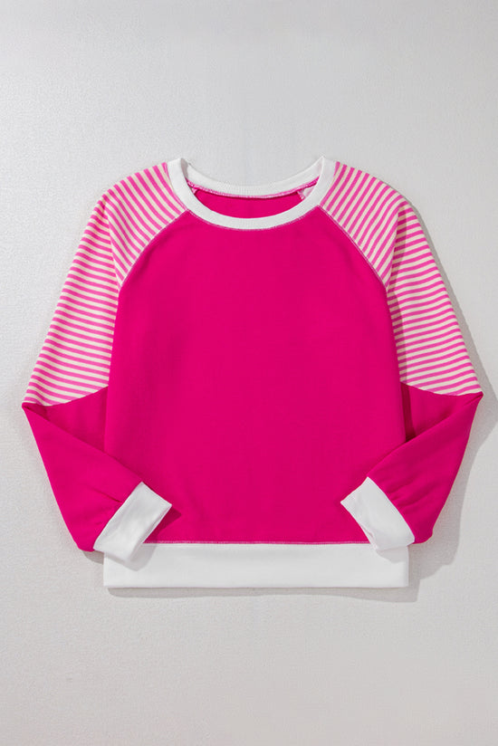 Strawberry Pink Striped Raglan Sleeve Crew Neck Top