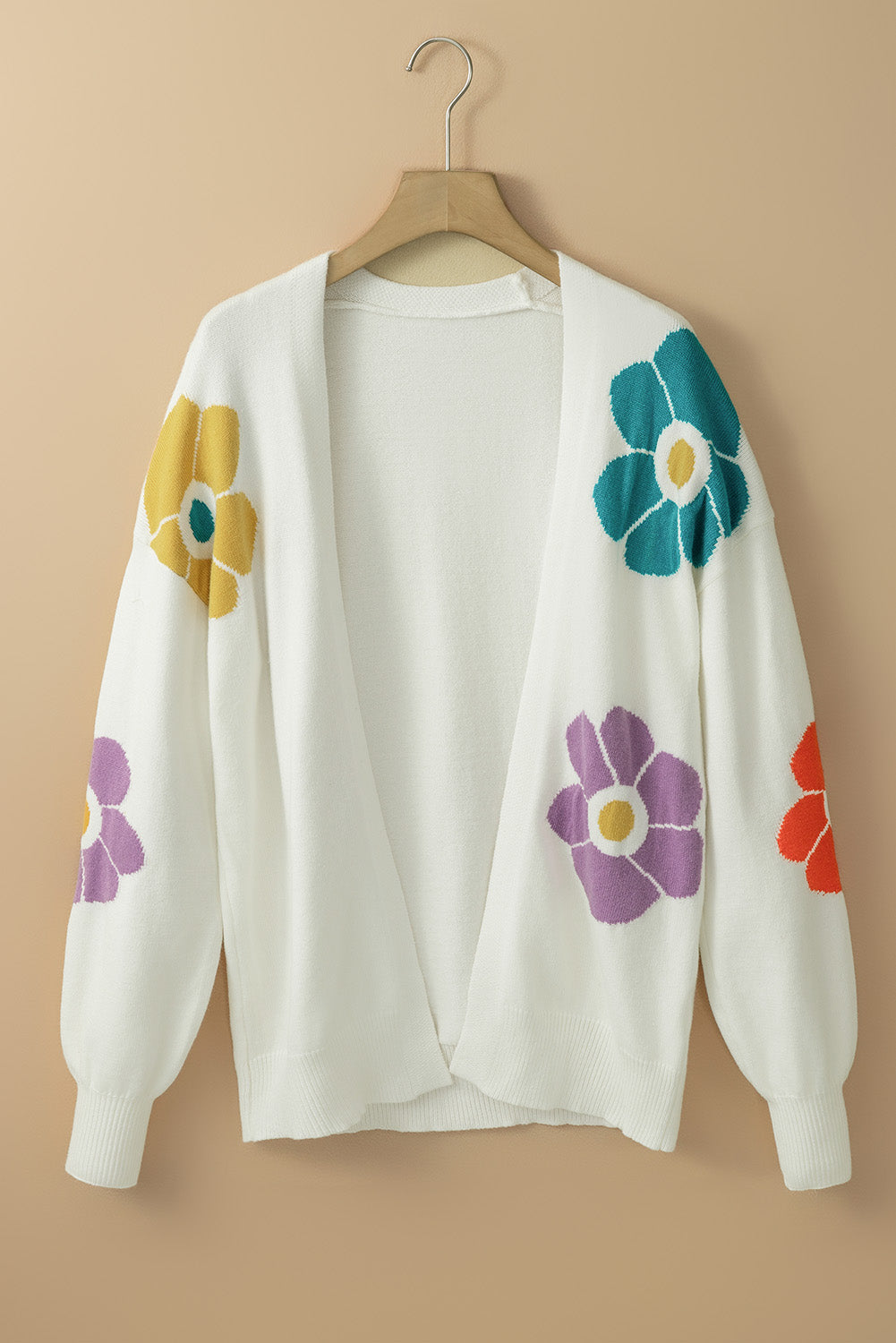 Open cardigan with bubble sleeves in white floral jacquard