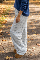 Pantalon gris fleuri à taille élastiquée et poches