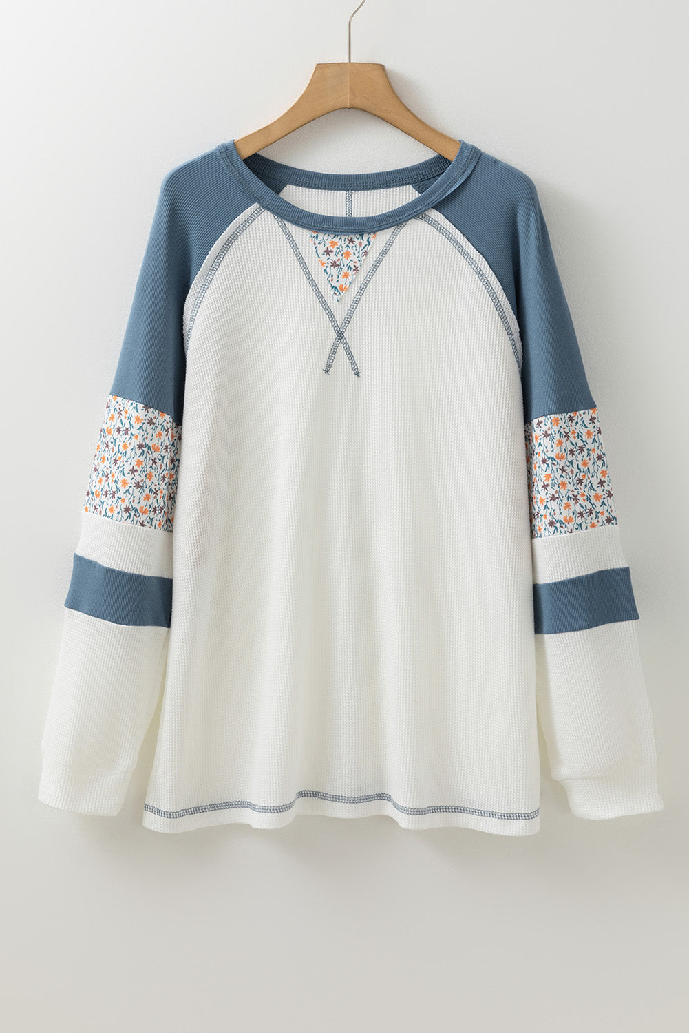 Patchwork bianco floreale waffle knit raglan top