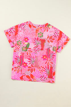 CROWT V -neck blouse with pink jungle floral print