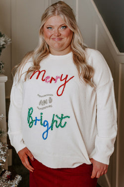 Merry and Bright Christmas Sweater with White Tinsel, Plus Size