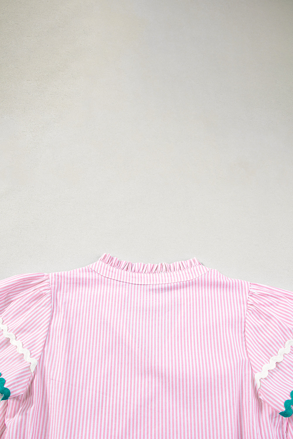 Pink Stripe Ricrac Trim Split Neck Striped Ruffled Sleeve Blouse