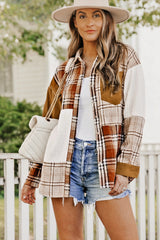 Orange plaid patchwork shirt jacket with pocket