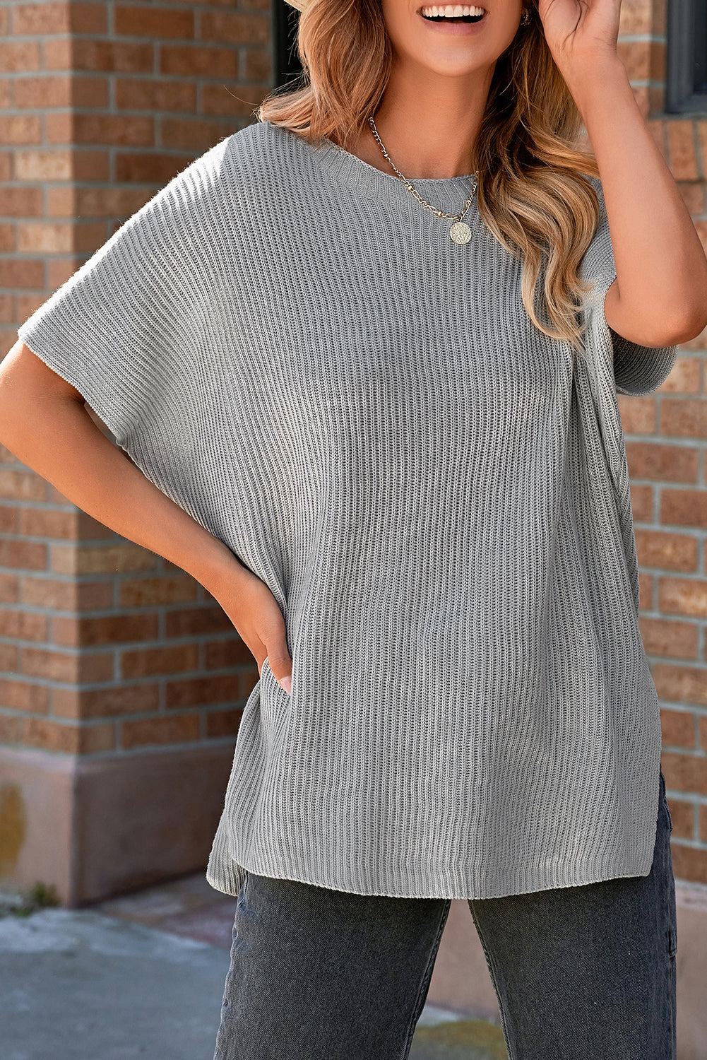 Gray Short Sleeve Side Slit Oversized Sweater