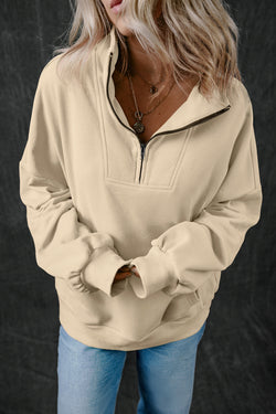 Smoke gray zip-up sweatshirt with stand-up collar and kangaroo pocket