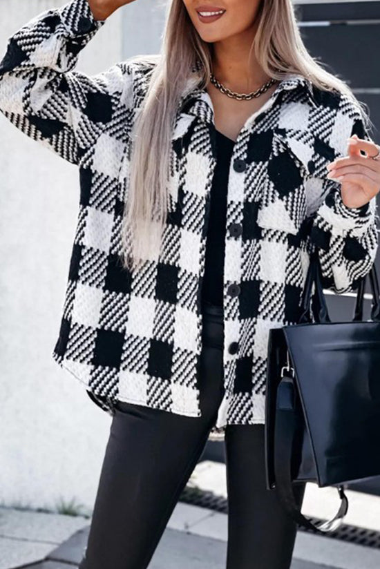 Black Plaid Jacket with Textured Flap Pocket