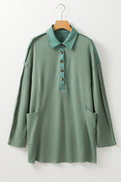 Smoke Green Waffle Half-Button Collar Long Sleeve Loose Top