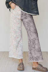 Jean large multicolore à patchwork floral et léopard, bords bruts