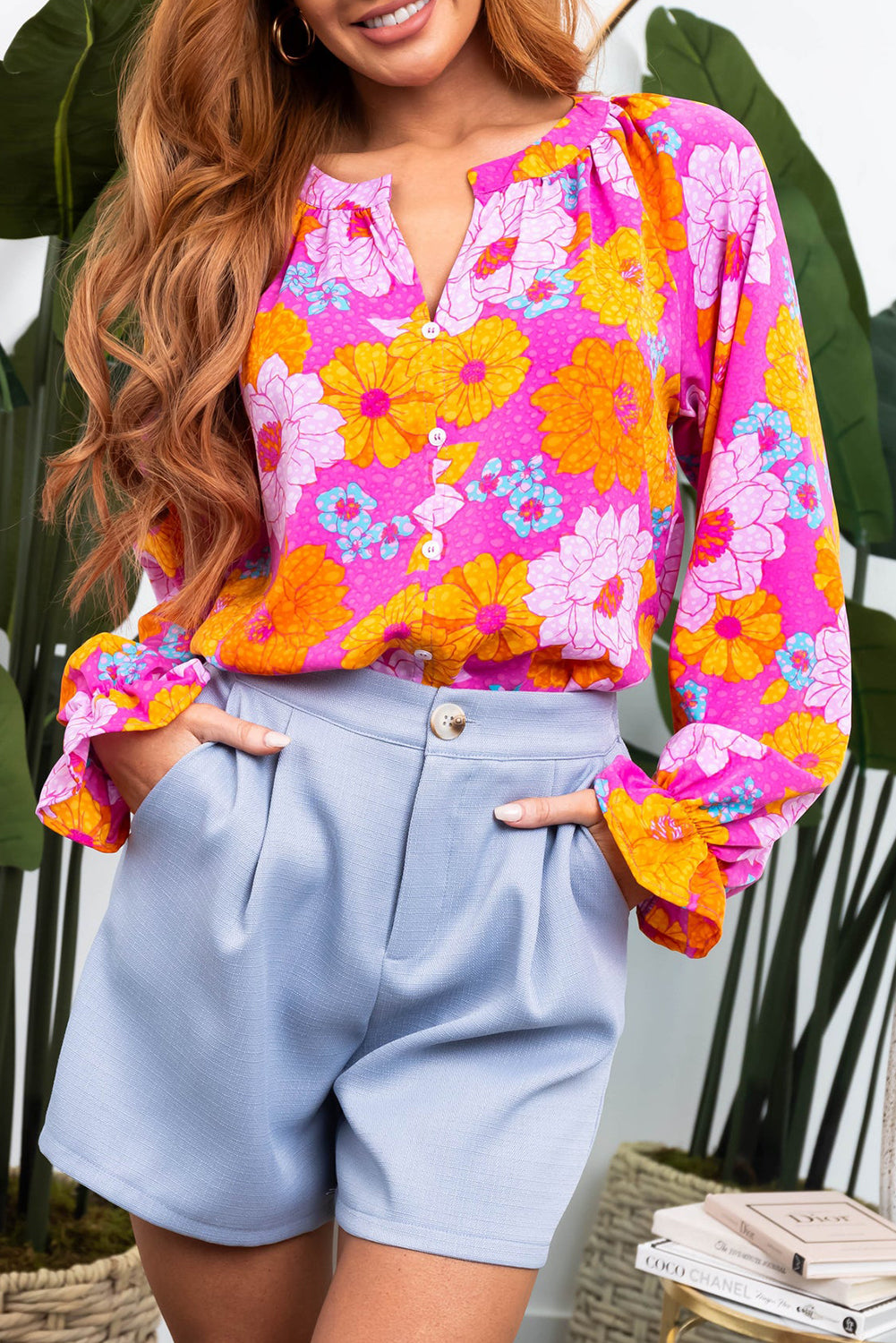 Crown neck blouse and flushed sleeves with pink floral print