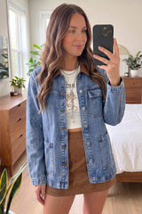 Sky Blue Patchwork Faux Leather Collar Long Sleeve Denim Jacket