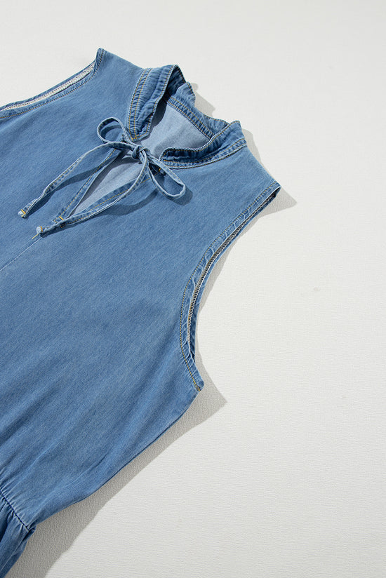 Long blue dress in Chambray on several sleeveless levels