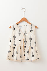 White ruffle vest and closing to be tied printed with knot