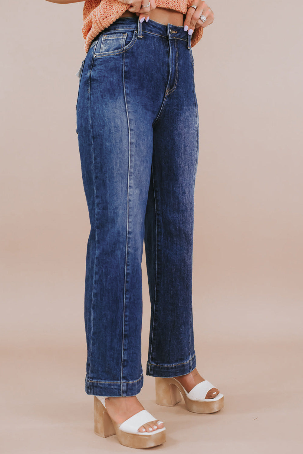 Navy Blue High Waisted Wide Leg Jeans with Large Seams