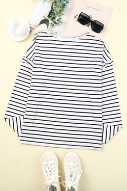 White Striped Print Ruffle Buttoned Long Sleeve Top