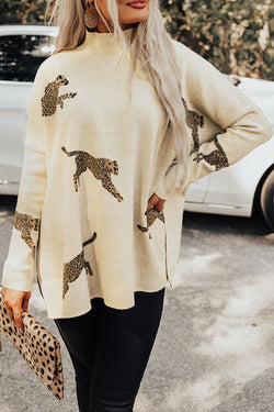 High collar sweater and split hem hem with chepard print