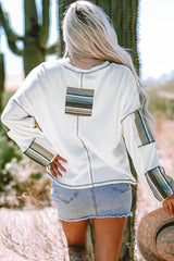 White striped patchwork seam waffle knit top