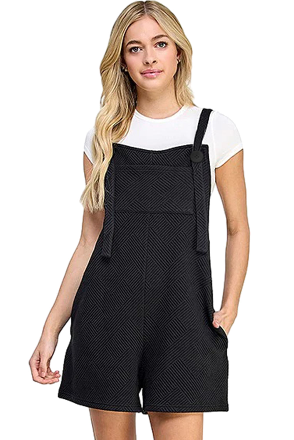 Black textured romper with adjustable straps